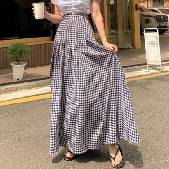 Multicolor Boho Womens Gingham Print Fold Pleated Detail Flare Skirt - Picture 5 of 5